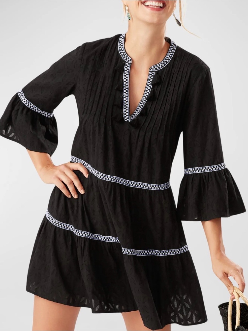 Tommy Bahama Cotton Clip Embroidered Tier Dress. Medium